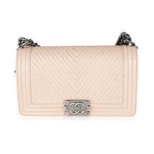 Chanel Light Beige Chevron Quilted Lambskin Medium Boy Bag